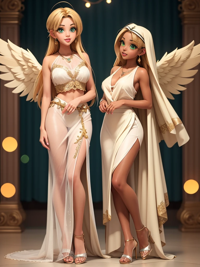 ((red dress, clothing, red theme, red background, Very bright colors, Light particles)), symmetry, portrait, full body shot, accurate, 16k, highres, best quality, award winning, super detail, anatomically correct, masterpiece, retina, UHD, Ombre, Smile, Cleavage, Pure, High heels, Laces, Glitter, No bra, Offshoulder, Highly detailed facial and skin textures, Detailed eyes, Choker, Full body photoshoot, Full body, Far view, Full body in view, High heels in view, Attractive legs, Sexy legs, Tall legs, Slim figure, Dressed, (photorealistic: 1.4, clear: 1.2, perfect body: 1.4, beauty: 1.4, slim abdomen: 1.2, big breasts: 1.2, fit: 1.5, full-body shot: 1.4, random hairstyles: 1.2),((full body female angel, shining halo over head, extremely bright halo, halo)), 1 angel girl, shining wings, shining halo, exquisite headdress, beautiful female angel, large wings, white hair, white wings, on clouds, golden eyes, beautiful angel, attractive angel, clouds, glowing eyes