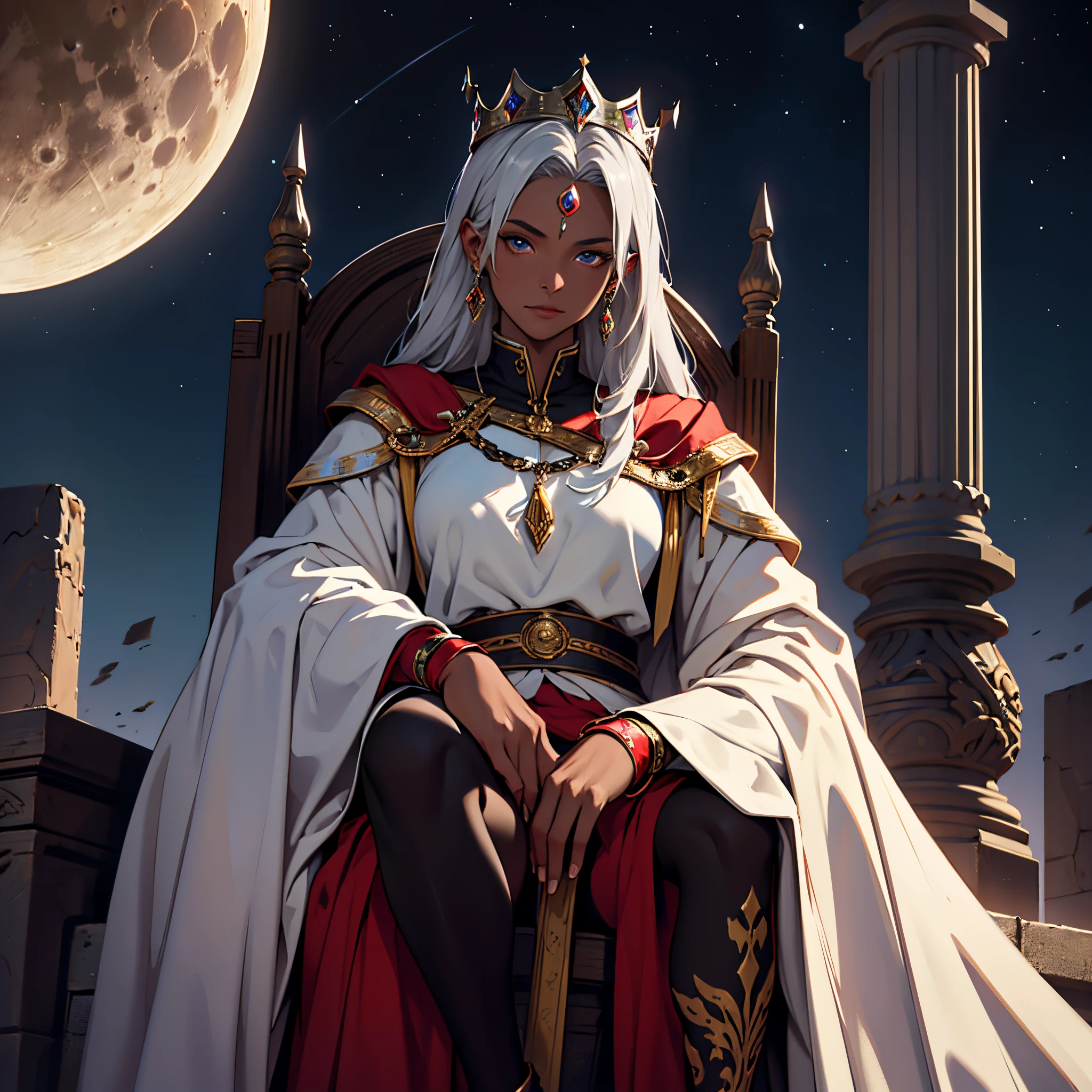 ​masterpiece, Best Quality, 4k, upper body close up, Background with: Sitting on a throne under a crescent moon in the desert night, Very detailed, Goddess with very dark skin, I have silver hair that falls down to my feet......., red pupil, crown