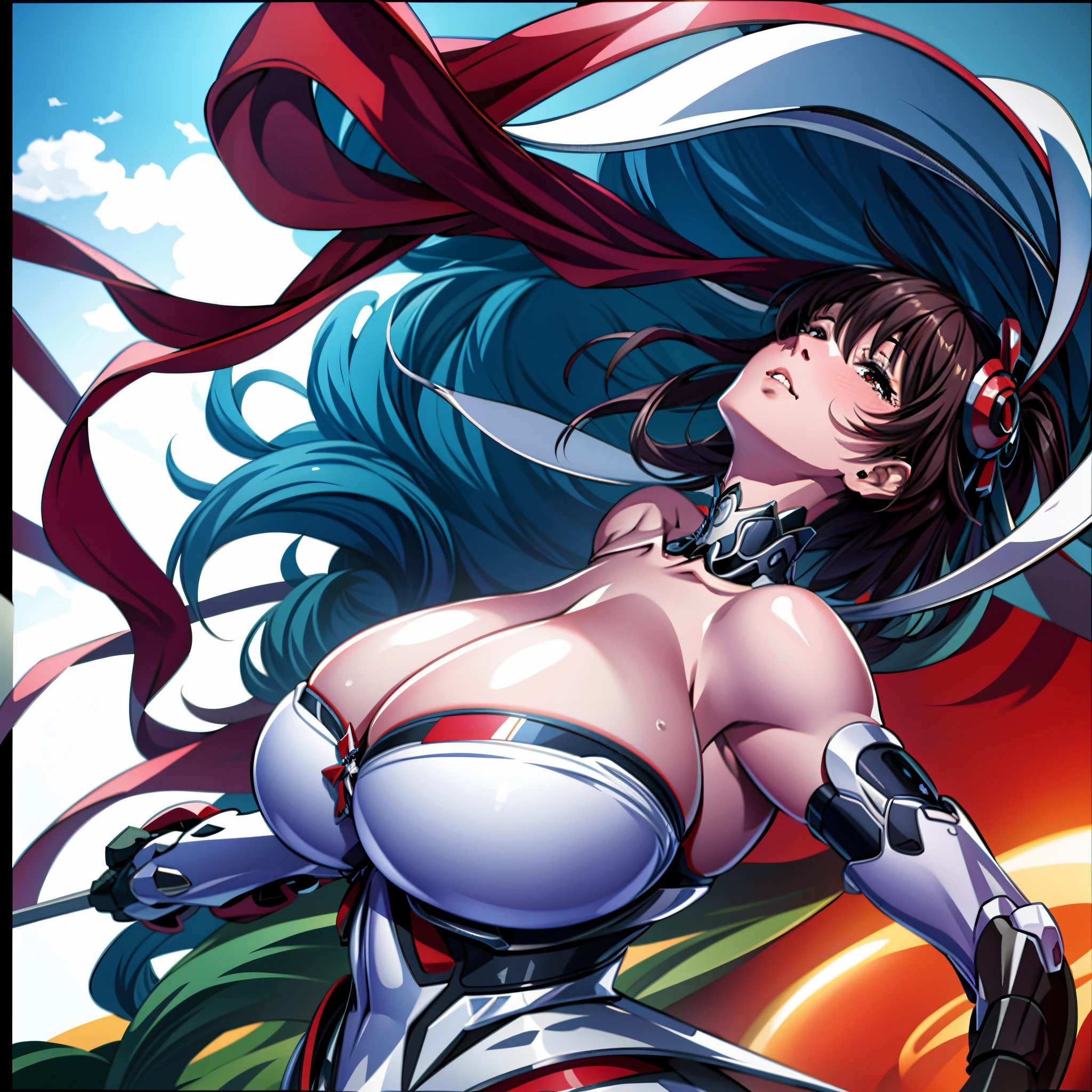 1 lady, mizuki_Shiranui, (比基尼:1.2), shairband, gigantic cleavage breasts, (tmasterpiece, absurd res:1.2) (from below:1.3), ultra-realistic realism, Genre painting, high qulity, Best quality at best, 4K, 8K, 16k, A high resolution