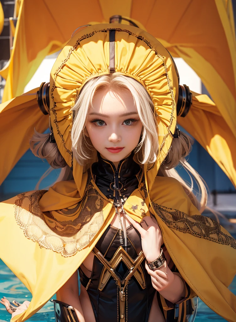 Fluorescent blonde long hair，Nice face，Yellow Bikini，Heterochromatic pupil，ssmile，apathy，比基尼，Full body photo