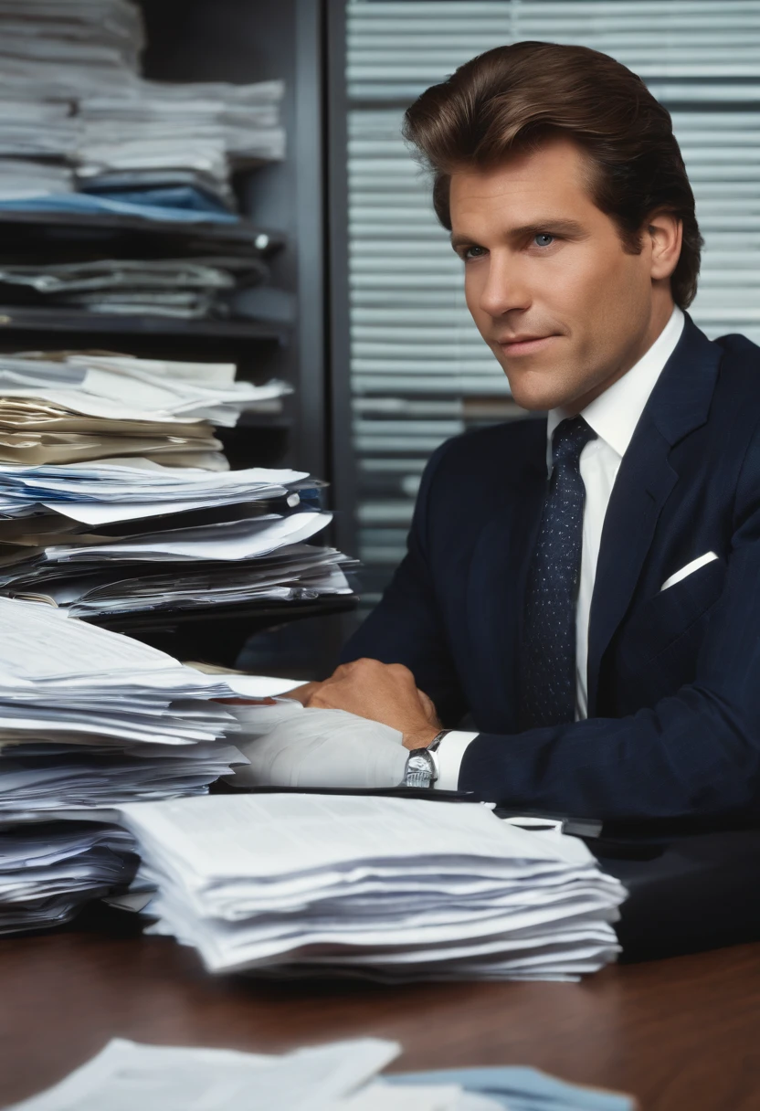 A photo of a messy desk with a stack of TPS reports and scattered paperwork,Office Space,Lumbergh is typically seen in a business-casual attire, sporting a white collared shirt, suspenders, and off-color tie. His hair is neatly combed back, and he is almost always seen carrying a coffee mug, further emphasizing his corporate persona. He drives a blue Porsche 911. , male