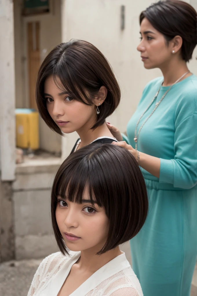 mujer cabello corto, sentada, mar