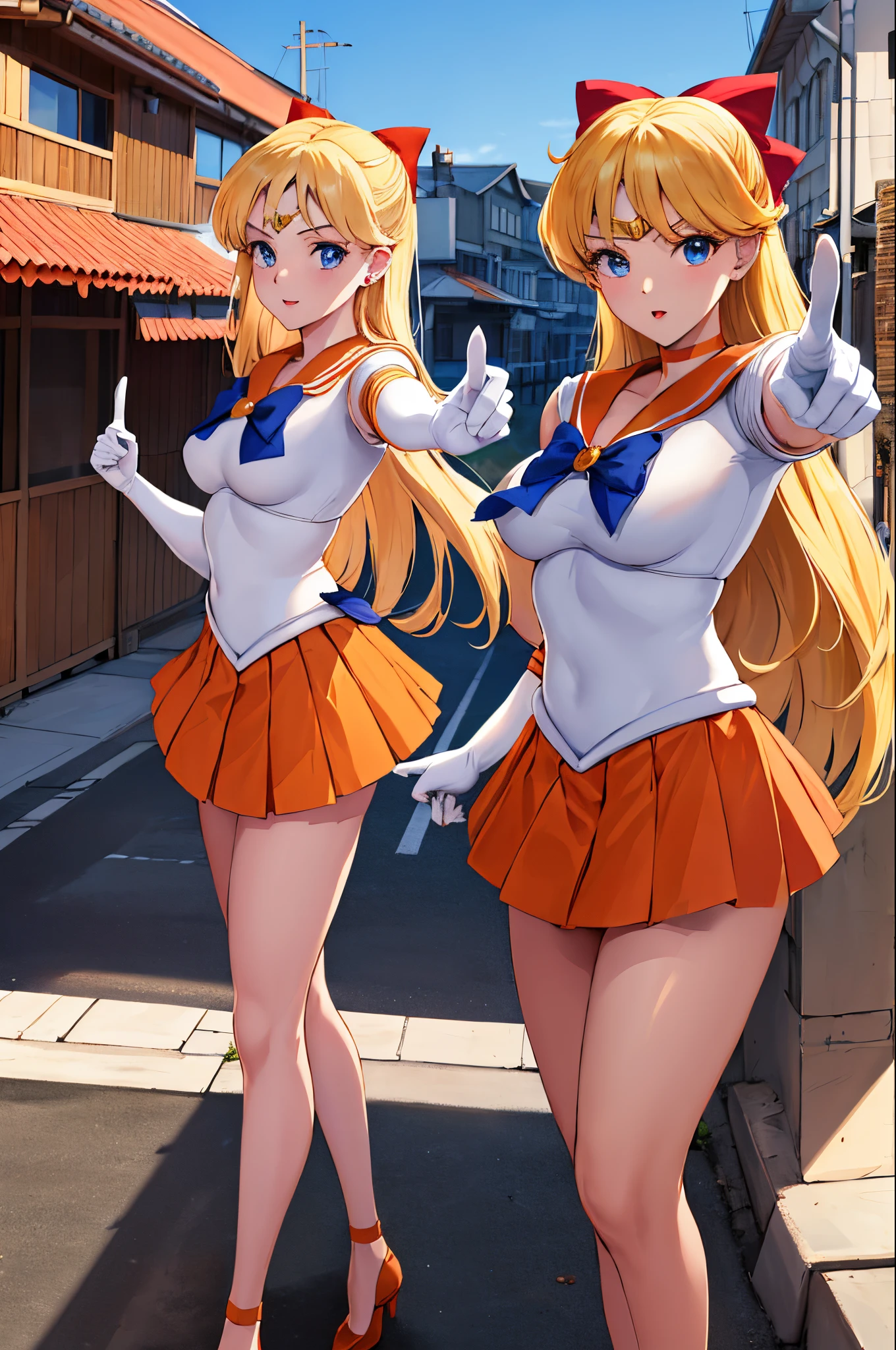 masterpiece, best quality, highres, sv1, sailor senshi uniform, orange skirt, elbow gloves, tiara, pleated skirt, miniskirt, red bow, orange choker, white gloves, jewelry, outdoors, street, cowboy shot, leaning forward, pointing at viewer, 2girls, twins, clones