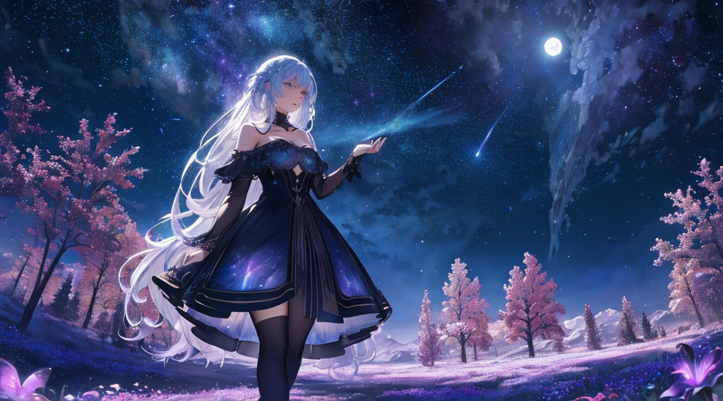 Expansive landscape photograph, (view from below with a view of the sky and wilderness below), one girl with very long white hair girl standing in a flower field looking up, off shoulder purple starry sky dress, constellation, (full moon: 1.2), (shooting star: 0.9), (nebula: 1.3), distant mountain, tree break production art, (warm light source: 1.2), (firefly: 1.2), lamp, intricate detail, volume lighting, realism break (masterpiece: 1.2) (Best Quality), 4K, Ultra-Detailed, (Dynamic Configuration: 1.4), Highly Detailed and Colorful Details, (Iridescent Colors: 1.2), (Glowing Lighting, Atmospheric Lighting), Dreamy, Magical, (Solo: 1.2)