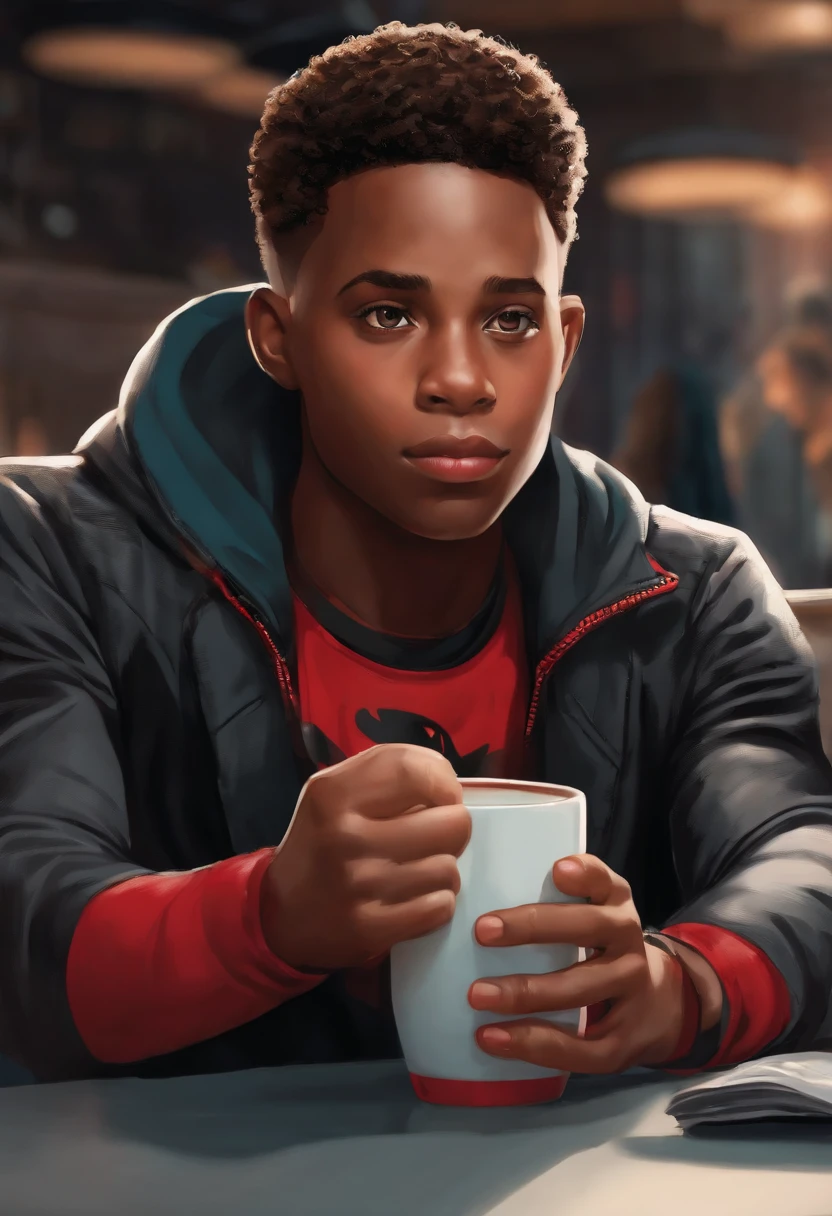 An image of Miles sitting in a local cafe, sipping on a cup of hot chocolate.,Marvel Comics,Miles Morales, the dynamic character from the “Spider-Man” universe, is a young, black athletic teenager with a lean build, often seen in his distinctive black Spider-Man suit with red webbing and unique graffiti-style designs. He has a youthful, energetic face, often expressing a wide range of emotions from awe to determination, reflective of his age and the enormity of his responsibilities., male