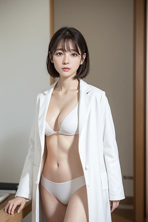 FULL BODYSHOT、Woman in white coat、lab room、research institute、physician、doctor、long-sleeve、not sexy、Not pale skin、40 years、Pose for a photo、girl wearing a white coat, Black shortcuts、large full breasts、Wide open chest、detaileds、Very detailed CG、High quality shadows、Detail Beautiful delicate face、Detail Beautiful delicate eyes、depth of fields、 Ray tracing, photograph,