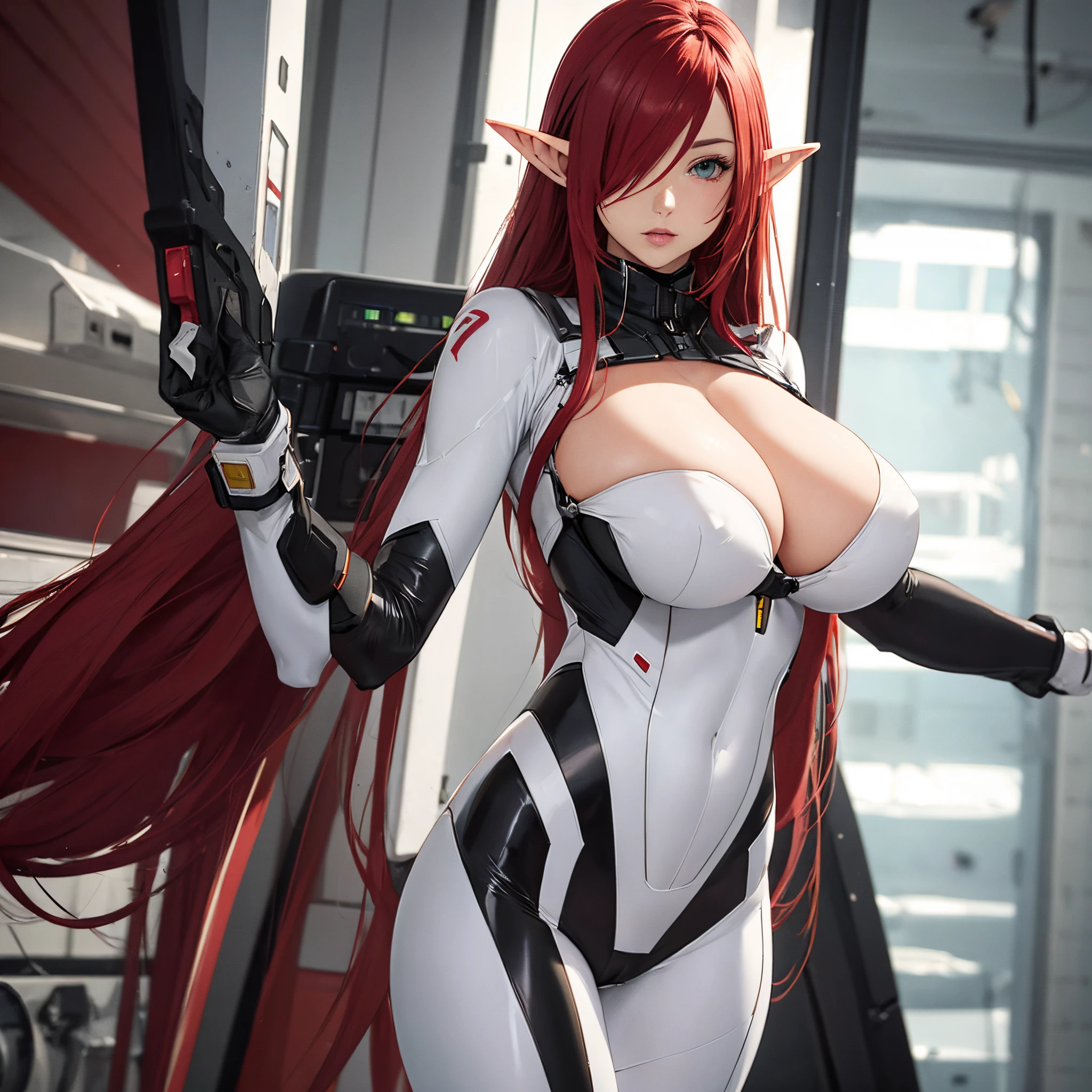 Long red hair, big breasts, plug suit, elf ears, hanging eyes