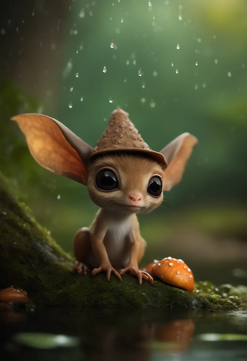 真实感, Realism, Cute alien creatures, look like gremlins，Tiny creatures, big eyes, large ears, acorn hat on head, stands under the crown of an oak tree by the water, touches water with fingers,  Raindrops, Sverchkov, there are acorns in the clearing,