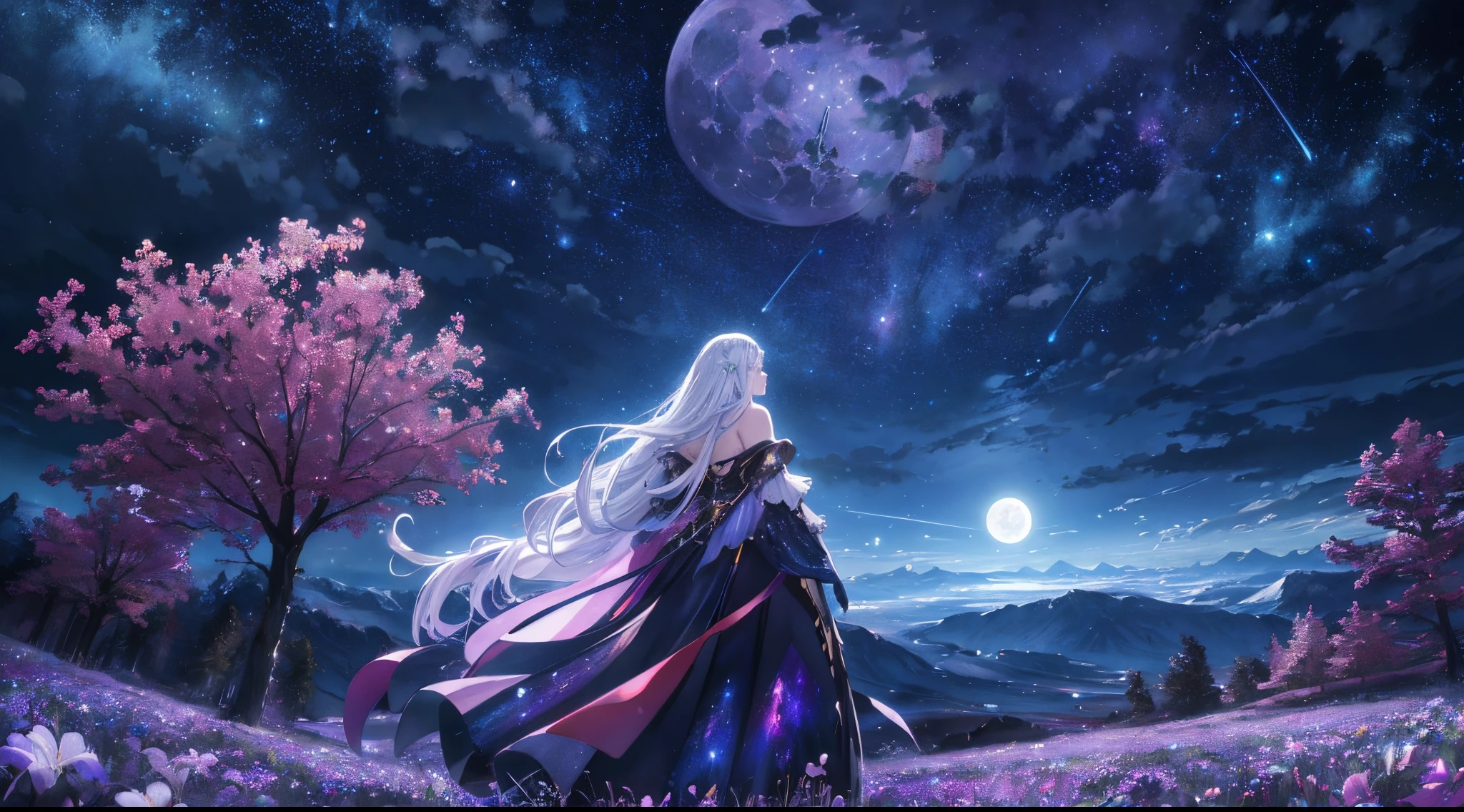 Expansive landscape photograph, (view from below with a view of the sky and wilderness below), one girl with very long white hair girl standing in a flower field looking up, off shoulder purple starry sky dress, constellation, (full moon: 1.2), (shooting star: 0.9), (nebula: 1.3), distant mountain, tree break production art, (warm light source: 1.2), (firefly: 1.2), lamp, intricate detail, volume lighting, realism break (masterpiece: 1.2) (Best Quality), 4K, Ultra-Detailed, (Dynamic Configuration: 1.4), Highly Detailed and Colorful Details, (Iridescent Colors: 1.2), (Glowing Lighting, Atmospheric Lighting), Dreamy, Magical, (Solo: 1.2)