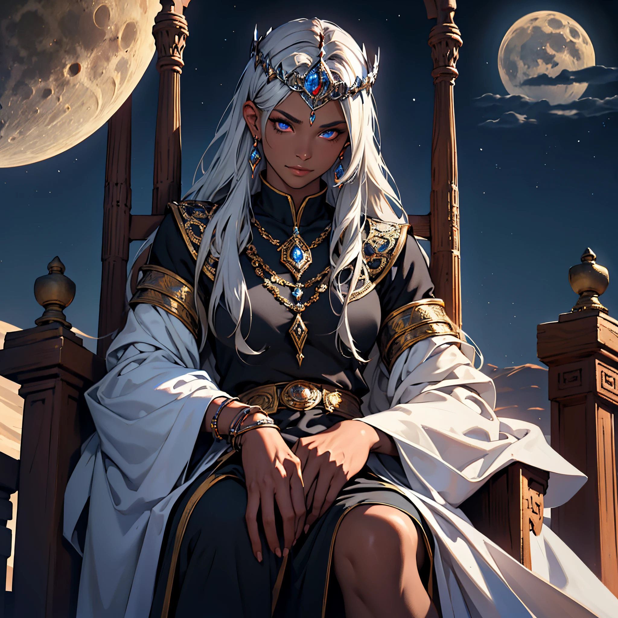 ​masterpiece, Best Quality, 4k, upper body close up, Background with: Sitting on a throne under a crescent moon in the desert night, Very detailed, Goddess with very dark skin, I have silver hair that falls down to my feet........., red pupil, tiara, The perfect human body,