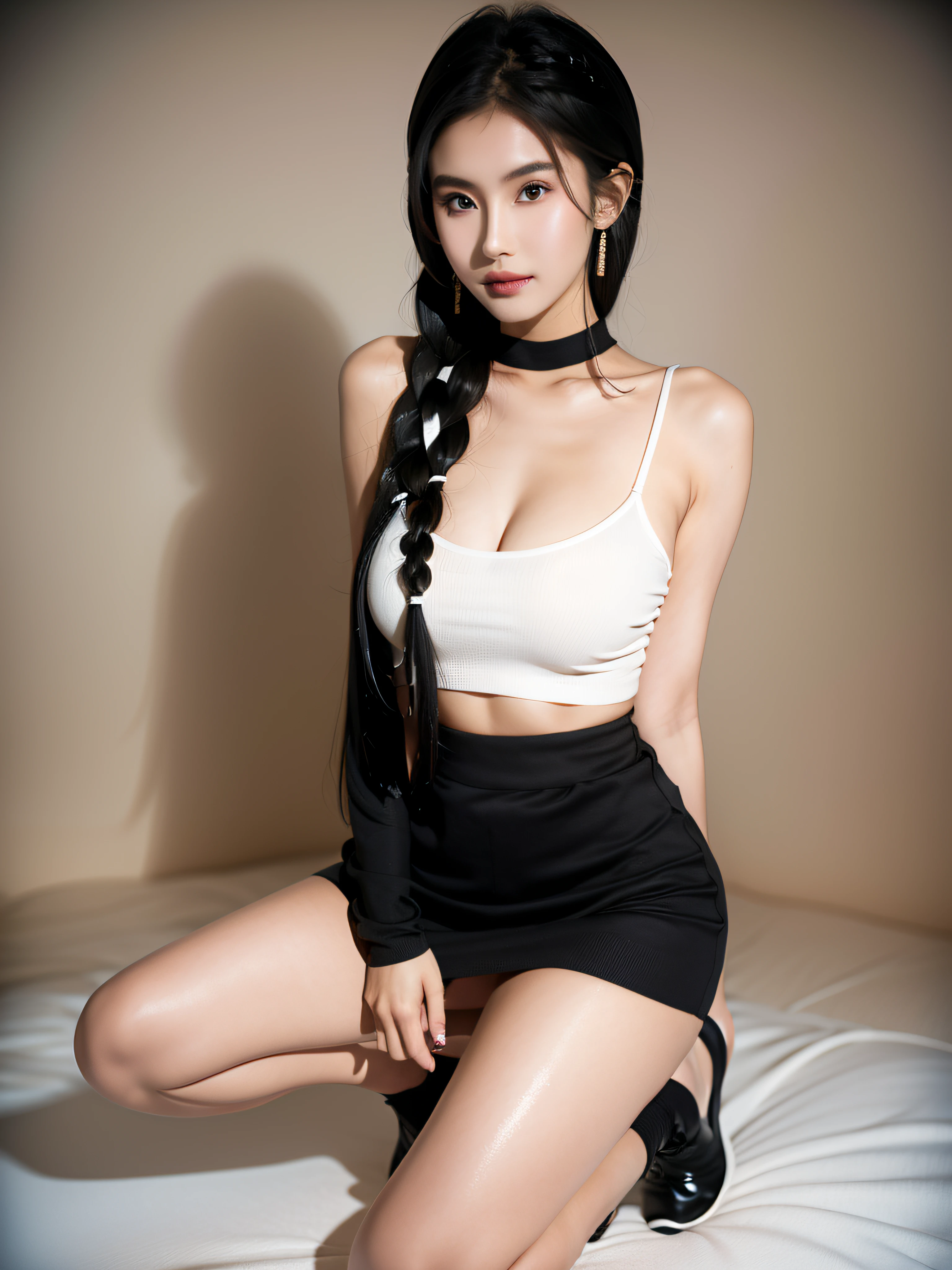 TeeTee1,(1girl), (( asian model)), 19 years old,soft body, black hair, braids, (seductive smile), whole body with perfect proportions, hair reaches waist, whole body,((head to leg)),black bracelets,black choker,black and white  bra,black and white pleated skirt, white stockings,large earrings,close-up, 8k, RAW photo, best quality, masterpiece,realistic, photo-realistic,seductive,cute,studio background, erotic pose, kneeling , open leg, hands behind back