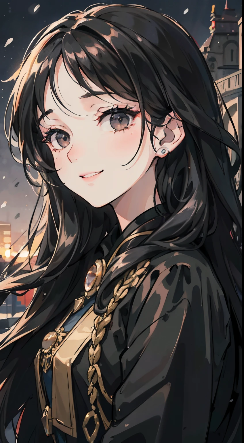 Mature girl , long black wavy hair, long black wavy hair, floating wavy hair, wavy hair, black eyes, black eyes, FOV, f1.8, masterpiece, complex scene, front portrait shot, snowing, city in background, close up, smiling, no bangs