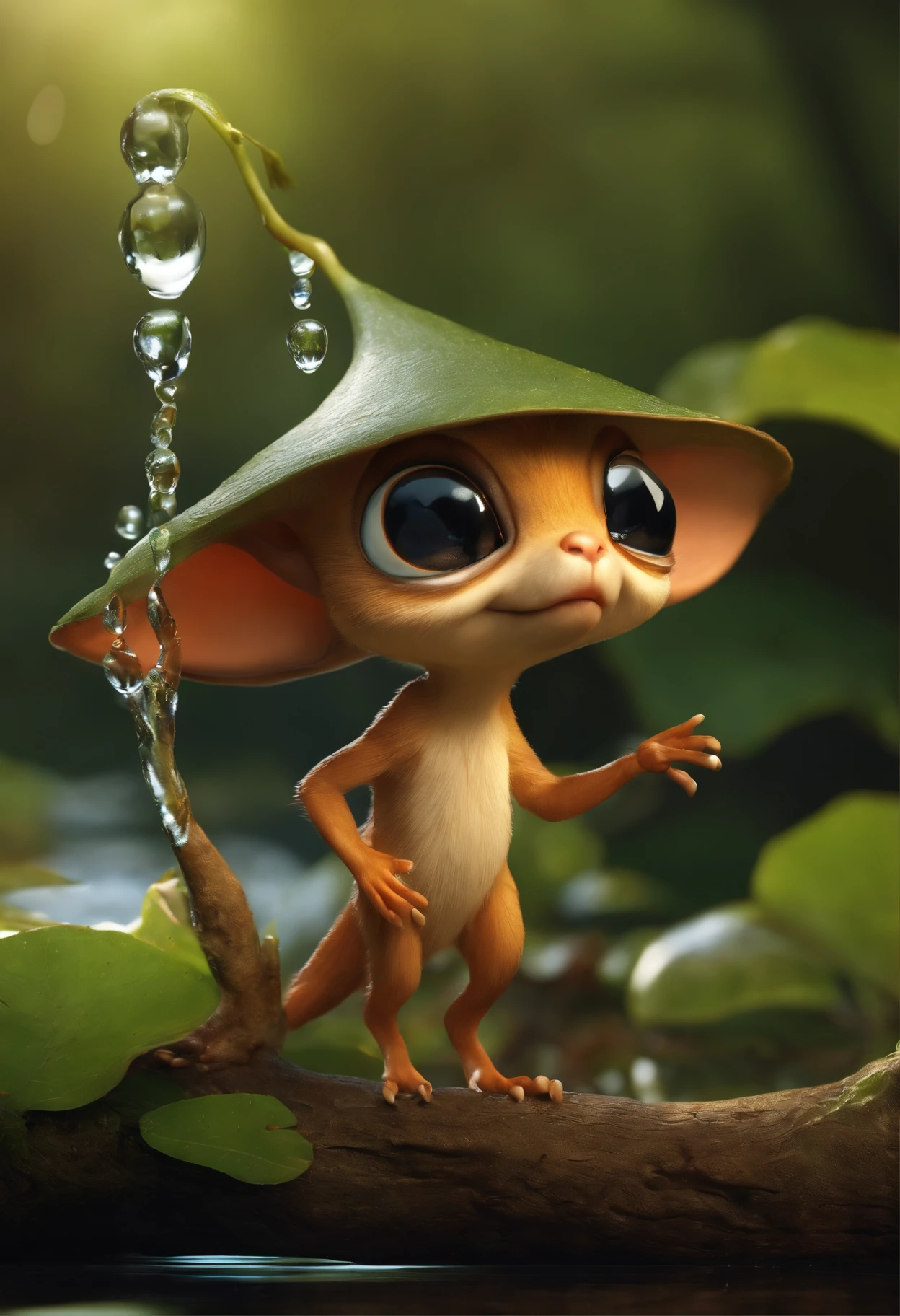 真实感, Realism, Cute alien creatures, look like gremlins，Tiny creatures, big eyes, large ears, acorn hat on head, stands under the crown of an oak tree by the water, touches water with fingers,  Raindrops, Sverchkov, there are acorns in the clearing,