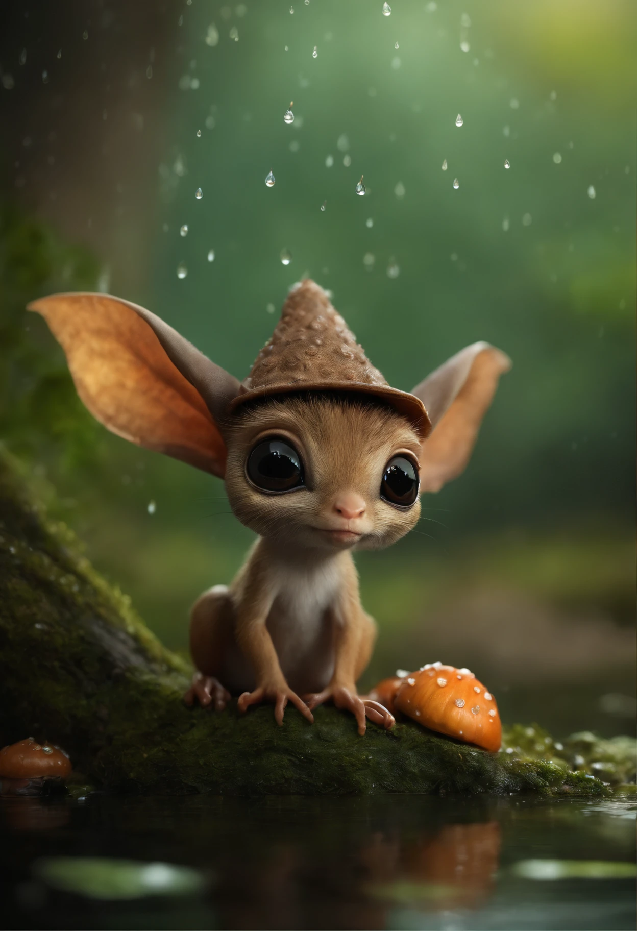 真实感, Realism, Cute alien creatures, look like gremlins，Tiny creatures, big eyes, large ears, acorn hat on head, stands under the crown of an oak tree by the water, touches water with fingers,  Raindrops, Sverchkov, there are acorns in the clearing,