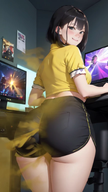 ((velocity)),Yellow smoke,Attacked by farts, (((Women farting))),(girl farting while seat and playing game on computers)),mic and camera record her,smiled slightly,velocity,(Yellow smoke is rising))(a female gamet), (wearing shirt and shorts),(sit facing the computers),(her butt facing the screen)) (short blackhair),(Asian woman),(streaming and gaming rooms),(masterpiece:1.2、top-quality)、(the Extremely Detailed CG Unity 8K Wallpapers、ultra-detailliert、Best Shadows)、(细致背景)、(The best lighting、extremely delicate and beautiful)、depth of fields、1girl in、独奏,look at the computer