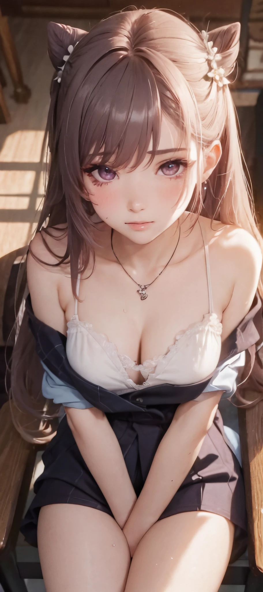 photorealisim、top-quality、超A high resolution、a picture、Photo of an exquisitely beautiful Nordic-born girl、Extraordinary beautiful girl、Highlights of cheek luster、Detailed cute and beautiful face、(pureerosface_v1:0.008)、Beautiful bangs、Glowing white shiny skin、Bangs between the eyes、shiny and beautiful hair、Silky hair、finer hair、High-definition eyes、Beautiful, Bright and clear, Big eyes shine charmingly、eye liner、Double eyelids、Full body like、dismay、red blush、embarrassed from、glares、 shiny little necklace and earrings, shiny lips: 1.4, humiliated、impatience、dismay、Frightened、glares、Exposed cleavage、(A large amount of sperm in the chest:1.4)(Large amount of sperm in the thighs:1.2)、red blush、Tears are embarrassing、White underwear、White bra、Open knees、open one's legs、Masturbation behavior、Disheveled clothes、Dressing、Exposed panties、Wearing sweat、sodden、Sheer underwear、Neat girl,18 years old, (High School Uniform: 1.0),Wavy Hair, Brown hair, bangs flowing diagonally, Medium Long Hair, Blue eyes, Small breasts, In the classroom where the setting sun shines, sitting in the chair、