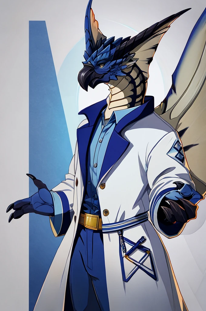 A Legiana as a German official posing for a portrait, white-blue uniform, white gloves, clawed fingers, 4 fingers, 1900s photograph, long coat, open coat, blue outlining, padded fingers, golden-blue belt, tail,