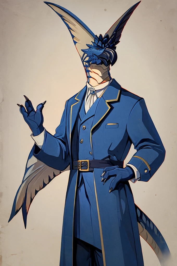 A Legiana as a German official posing for a portrait, white-blue uniform, white gloves, clawed fingers, 4 fingers, 1900s photograph, long coat, open coat, blue outlining, padded fingers, golden-blue belt, tail,