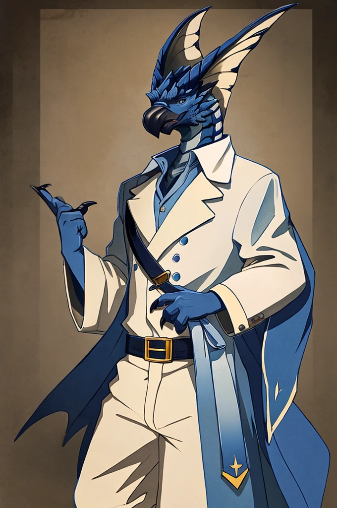 A Legiana as a German official posing for a portrait, white-blue uniform, white gloves, clawed fingers, 4 fingers, 1900s photograph, long coat, open coat, blue outlining, padded fingers, golden-blue belt, tail,