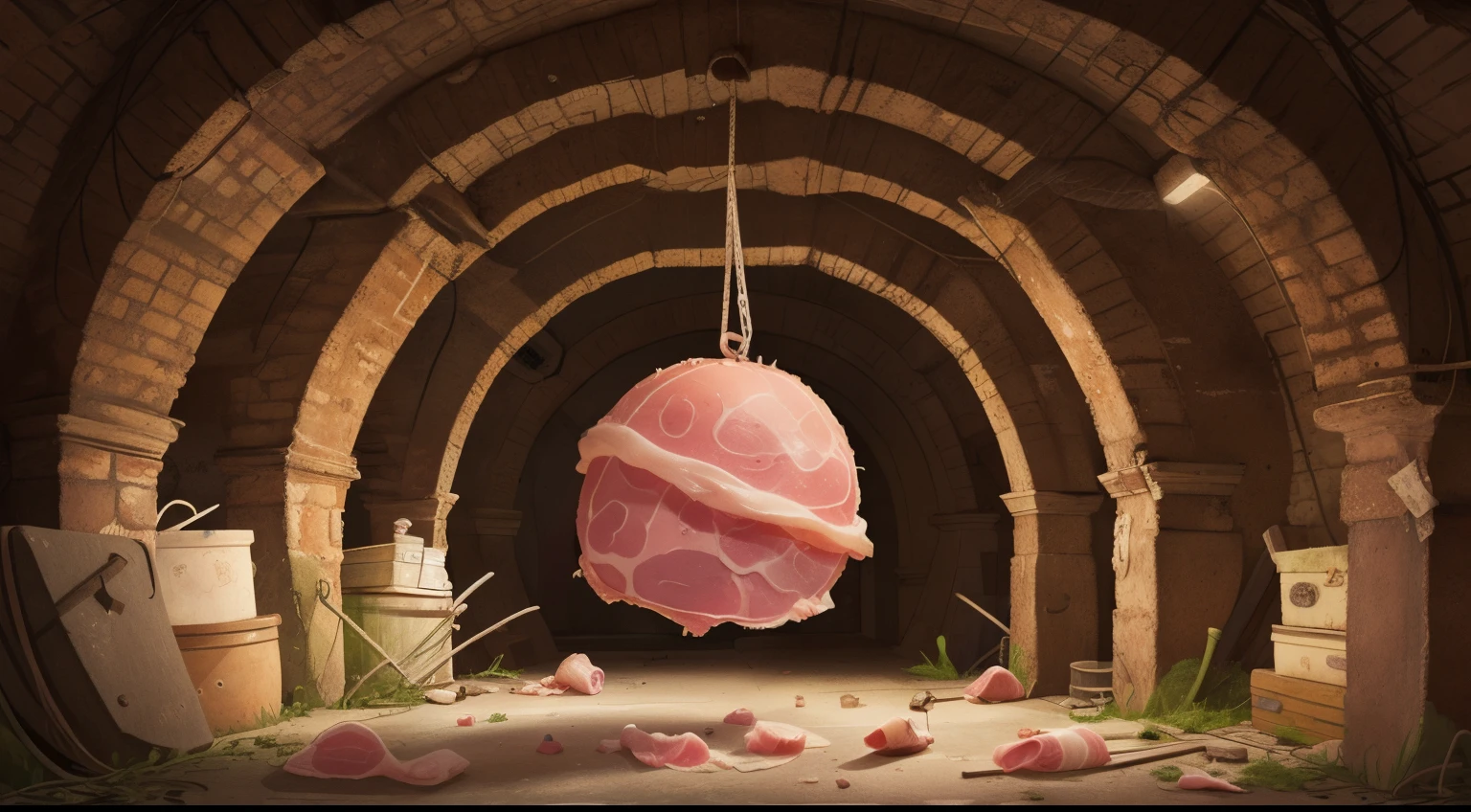 Ham hanging in the cellar, in the center of the scene, an old empty cellar, aged cellar, cobwebs.