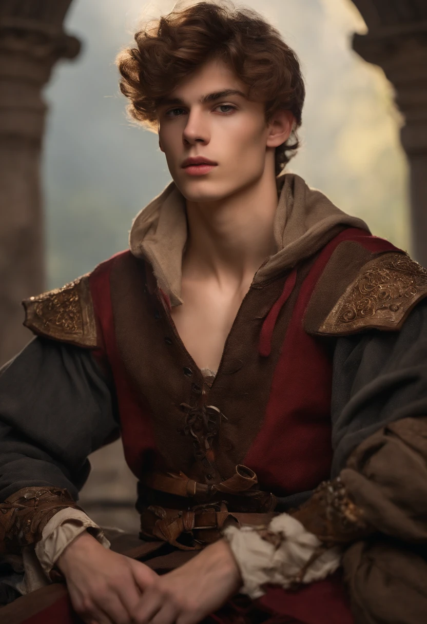 Shirtless 18 yo slim twink wearing torn medieval clothes.