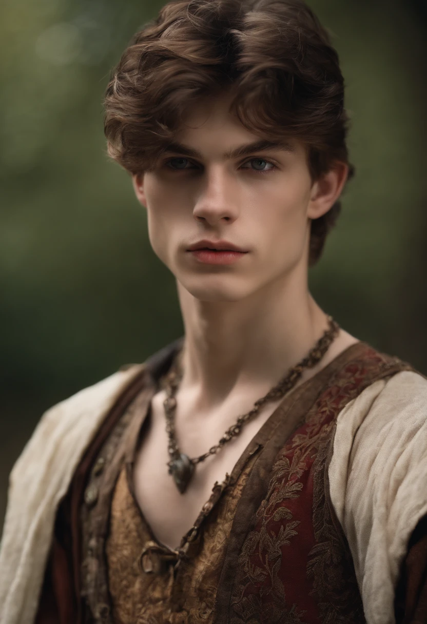 Shirtless 18 yo slim twink wearing torn medieval clothes.