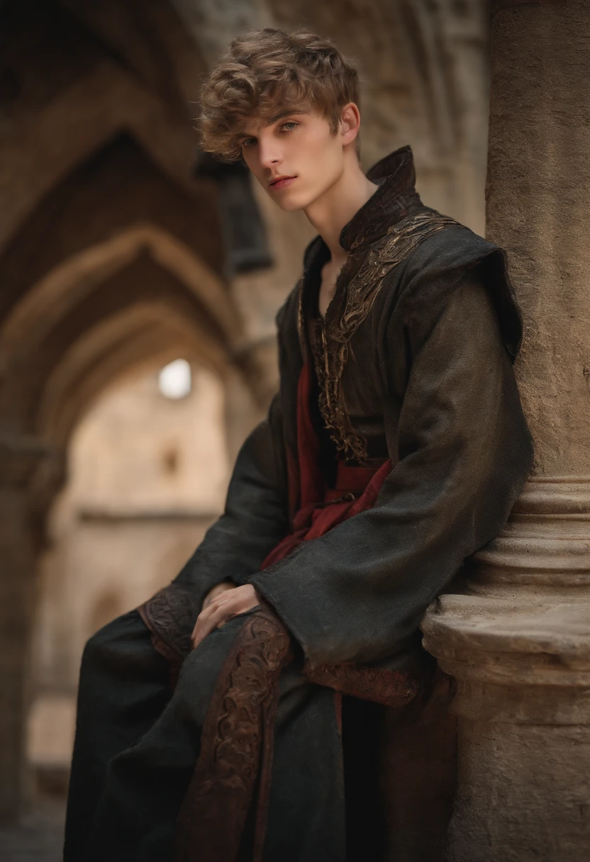Shirtless 18 yo slim twink wearing torn medieval clothes.