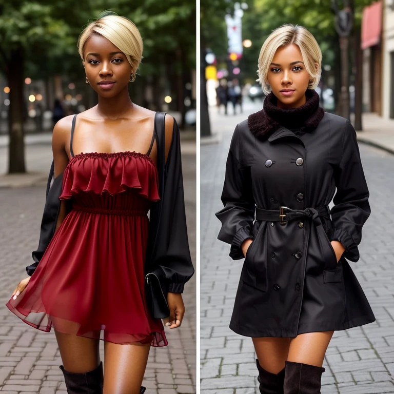 Beautiful dark-skinned young woman wearing layered sexy red chiffon dress and sexy black boots 。she has short blonde hair ((detailed skin textures)) nice eyes、happy facial expression、((brown-eyed)) nice nose ((dark skin and white blonde)The hair )) ((Blonde shorthair )) Photorealistic images、High quality images taken with iPhone 14、high resolution images、Very realistic textures ((stand at an outdoor street)) long trendy boots