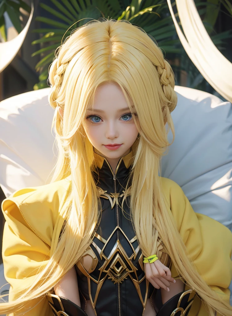 Fluorescent blonde long hair,Nice face,Yellow Bikini,Heterochromatic pupil,ssmile,apathy,比基尼,Full body photo