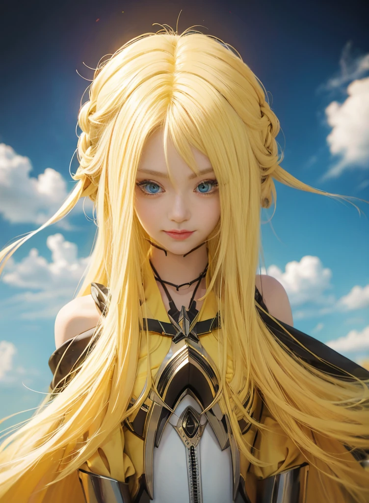 Fluorescent blonde long hair,Nice face,Yellow Bikini,Heterochromatic pupil,ssmile,apathy,比基尼,Full body photo