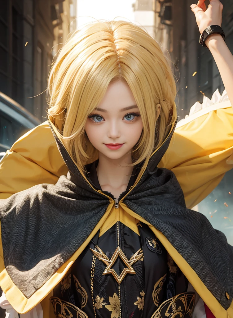 Fluorescent blonde long hair,Nice face,Yellow Bikini,Heterochromatic pupil,ssmile,apathy,比基尼,Full body photo