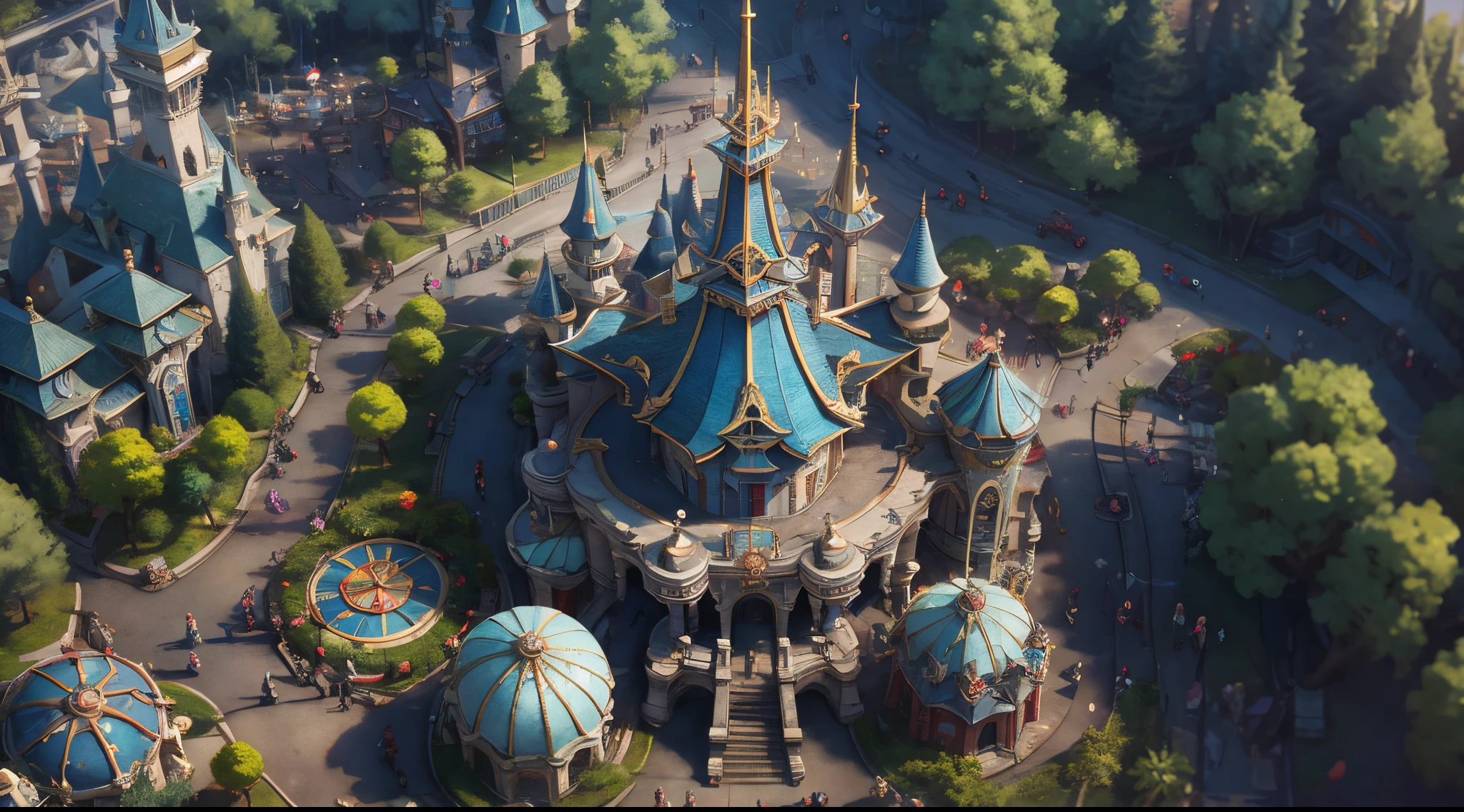 aerial perspective,(disney theme park:1.4),Beyond imagination,Overclocked renderer,Colorful,Vibrant colors,high high quality,16K resolution,(Best quality),(tmasterpiece),ultra - detailed,Detailed details,Accurate