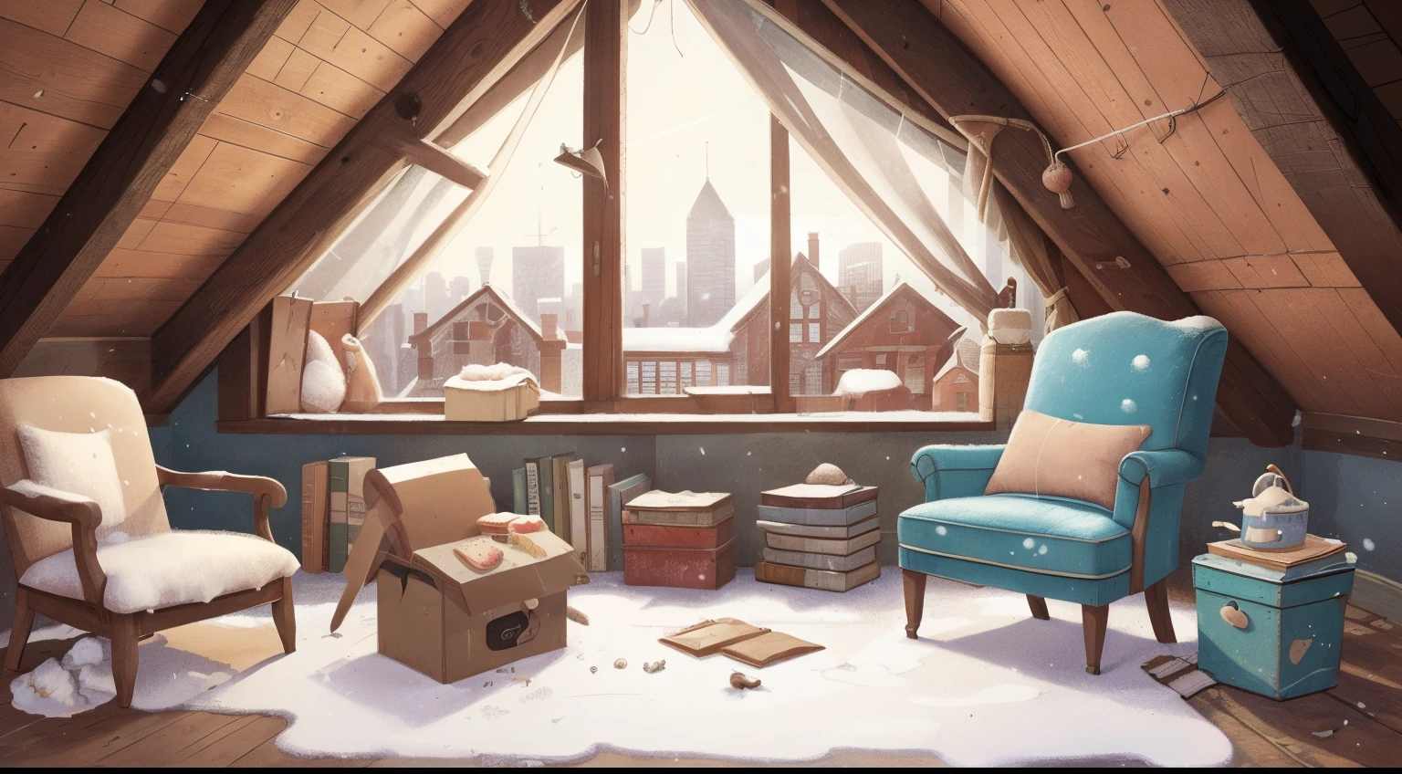 An old attic, two old open shoes serving as chairs, a shoebox as a table, snow visible from the window, with the cityscape in the background.