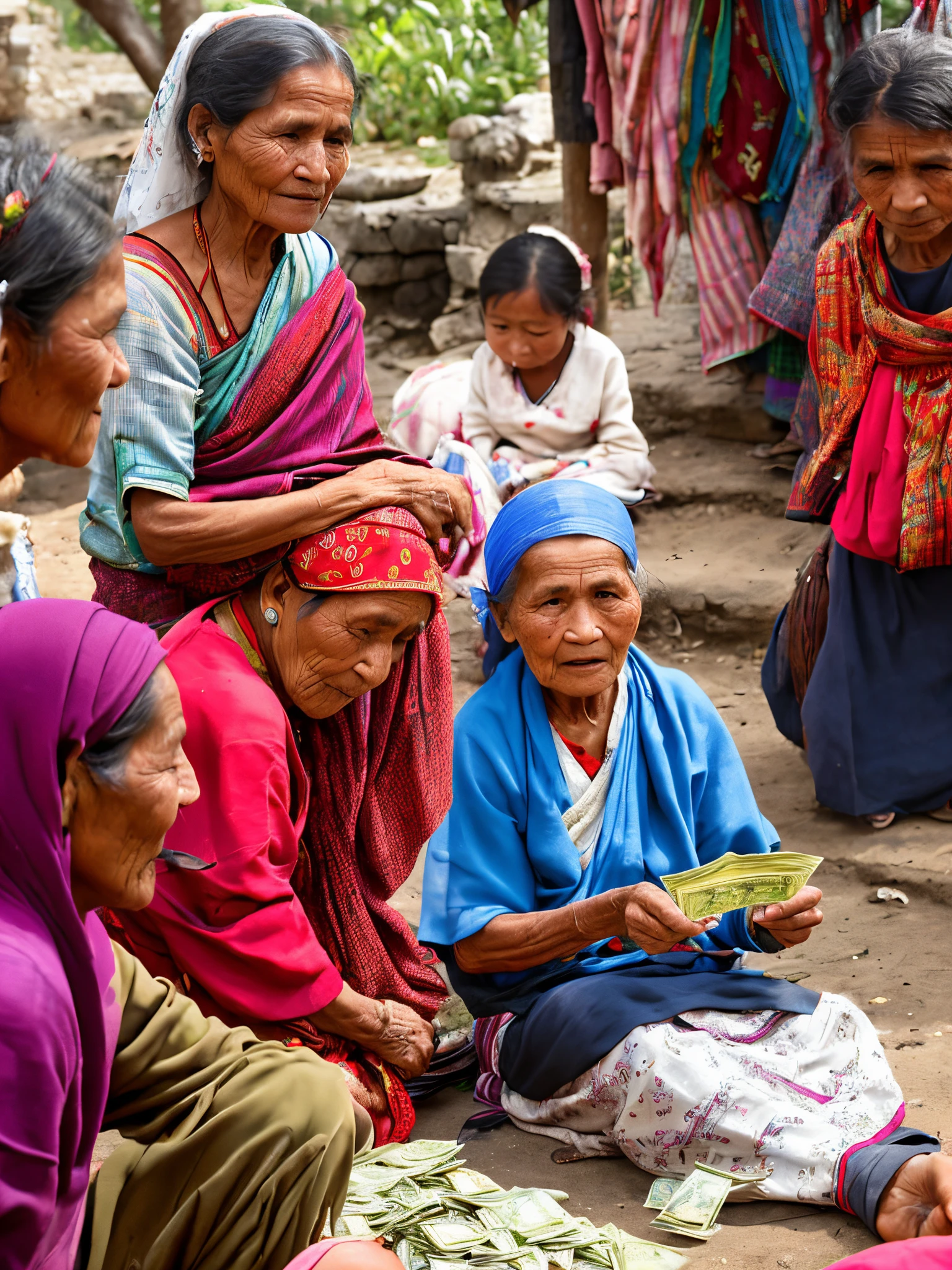 Old poor nepali female cash on hand happy other people in background