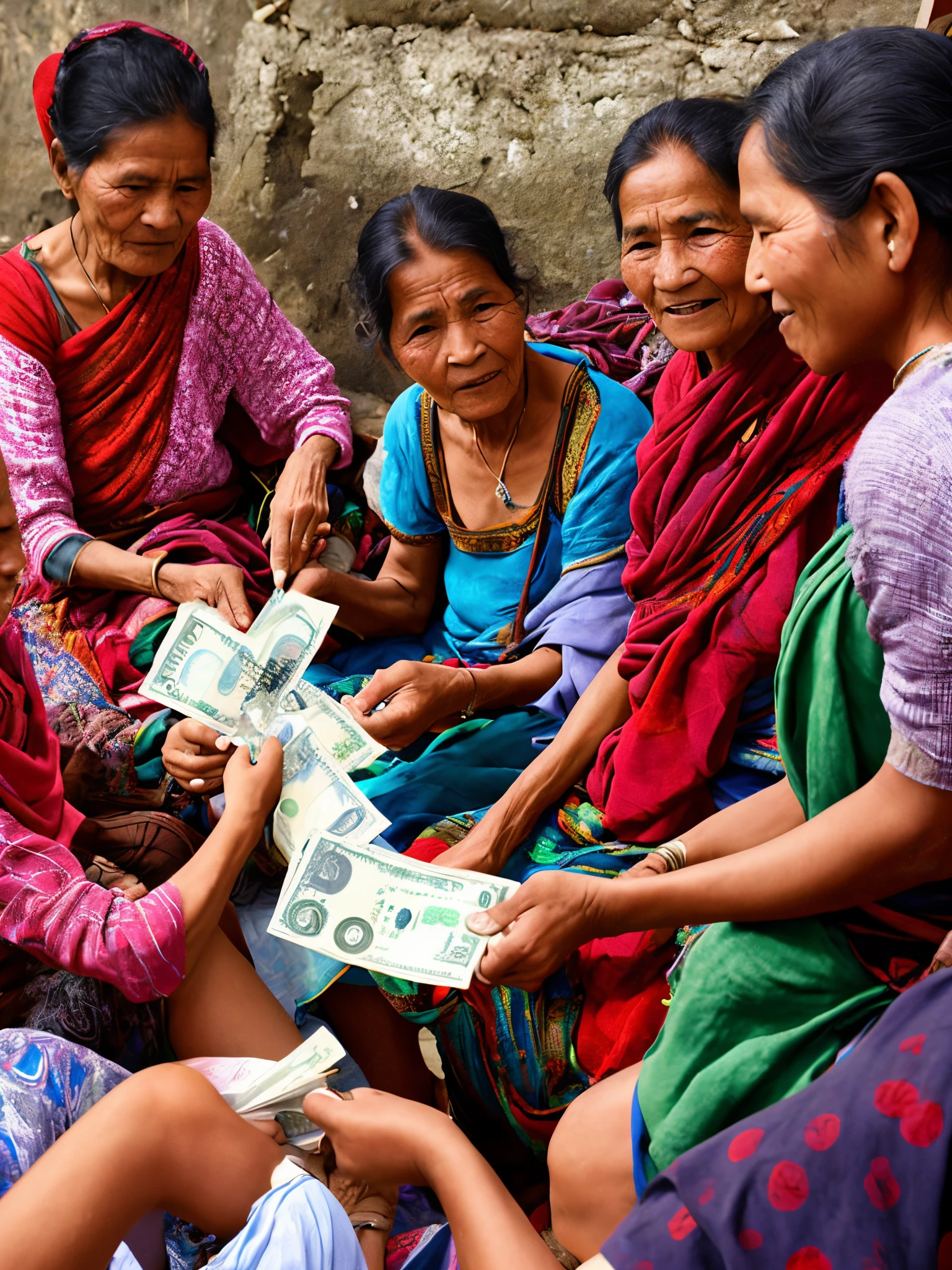Old poor nepali female cash on hand happy other people in background