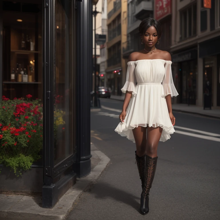 Beautiful dark-skinned young woman wearing layered sexy red chiffon dress and sexy black boots 。she has short blonde hair ((detailed skin textures)) nice eyes、happy facial expression、((brown-eyed)) nice nose ((dark skin and white blonde)The hair )) ((Blonde shorthair )) Photorealistic images、High quality images taken with iPhone 14、high resolution images、Very realistic textures ((stand at an outdoor street)) long trendy boots
