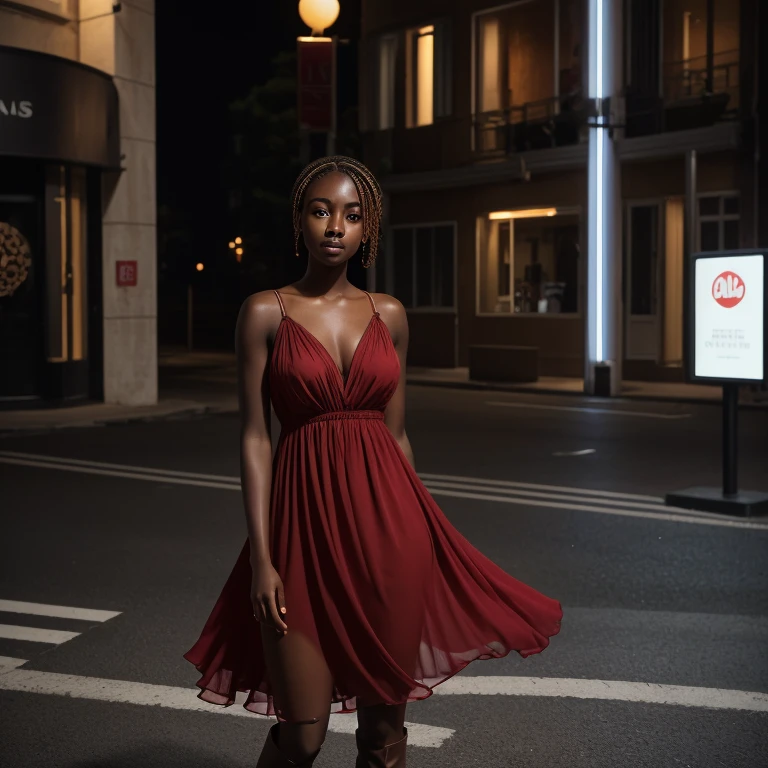 Beautiful dark-skinned young woman wearing layered sexy red chiffon dress and sexy black boots 。she has short blonde hair ((detailed skin textures)) nice eyes、happy facial expression、((brown-eyed)) nice nose ((dark skin and white blonde)The hair )) ((Blonde shorthair )) Photorealistic images、High quality images taken with iPhone 14、high resolution images、Very realistic textures ((stand at an outdoor street)) long trendy boots