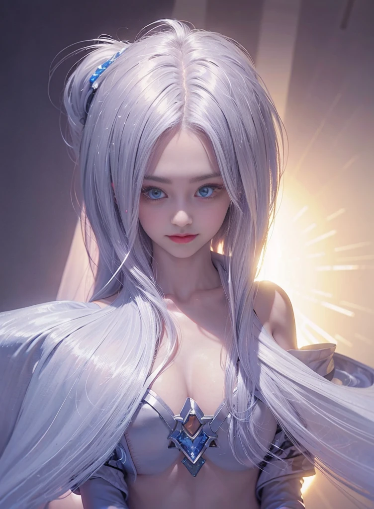 fluorescent silver hair,Nice face,red bikinis,Heterochromatic pupil,ssmile,rays of sunshine,fully body photo