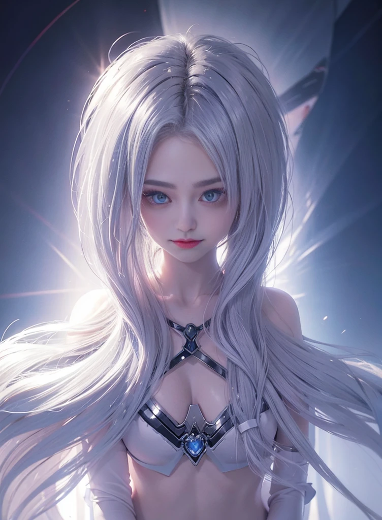 fluorescent silver hair,Nice face,red bikinis,Heterochromatic pupil,ssmile,rays of sunshine,fully body photo