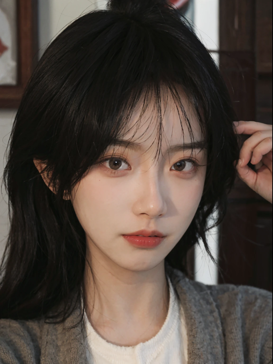 Best quality, 超高分辨率, (realistically:1.4), A woman with long black hair and a gray sweater, The medium scene is, she has red hair,through bangs, young lovely Korean faces, Cute Korean face, Urzans, Shin Jinying, beautiful aesthetic face, Korean facial features, Played by Liu Li Zhien ,beautiful realistic face