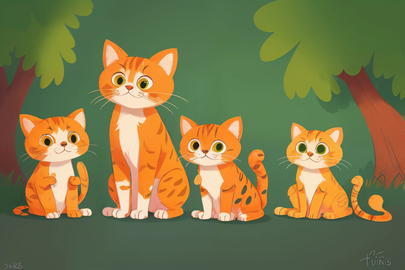 A cartoon-style cat, orange and spotted, with furry tufts, paws on the ground, long whiskers, a paw with claws, and green eyes, Raised paw, pot.