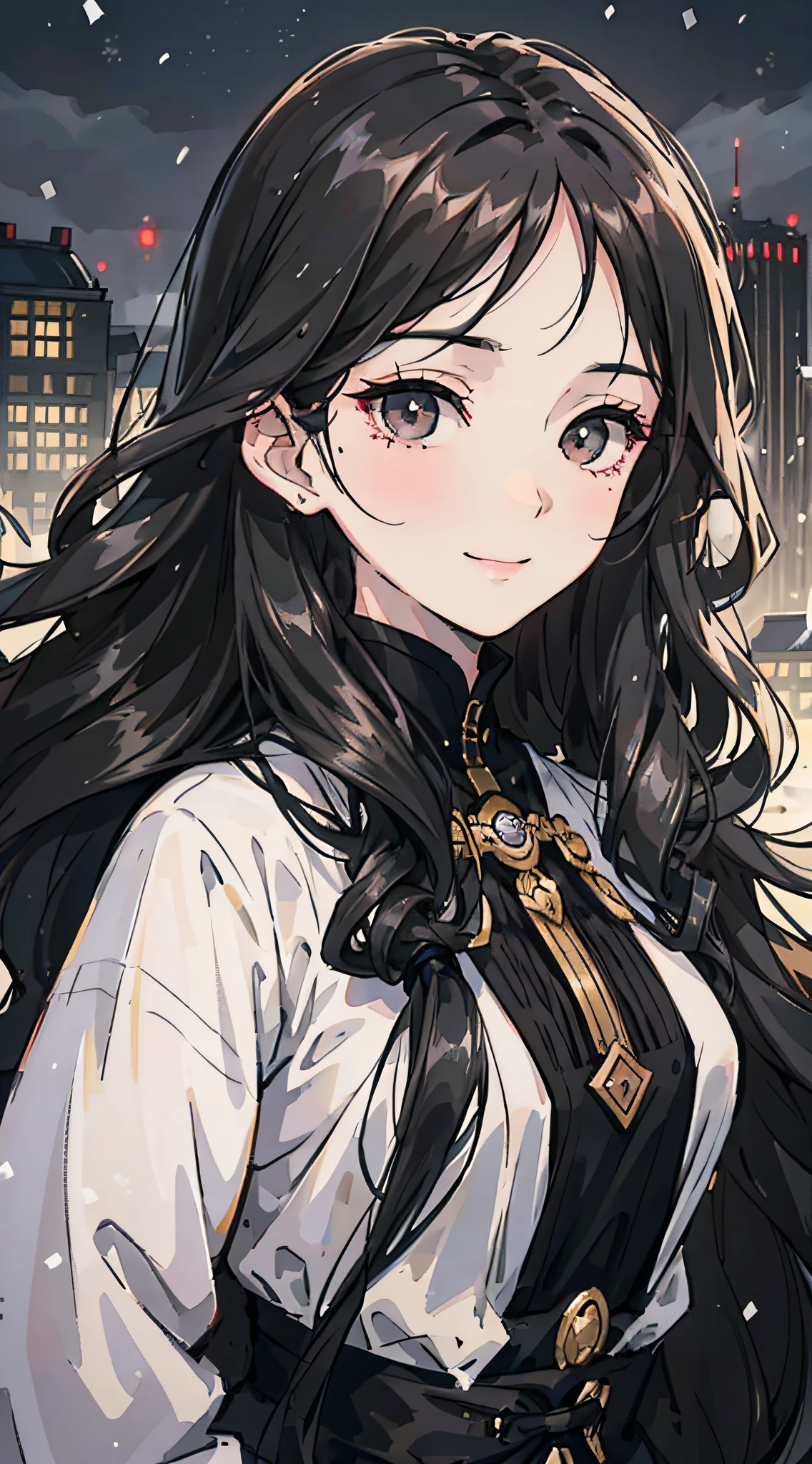 Mature girl , long black wavy hair, long black wavy hair, floating wavy hair, wavy hair, black eyes, black eyes, FOV, f1.8, masterpiece, complex scene, front portrait shot, snowing, city in background, close up, smiling, no bangs