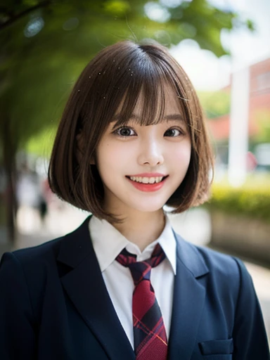 (masterpiece, best quality, photo realistic, official art:1.4), (UHD, 8K quality wallpaper, High resolution, raw photo, film grain:1.2), (shiny skin), professional lighting, physically-based rendering, Award-winning, highly detailed skin, (extremely detailed face and eyes, clear pupils), Carl Zeiss 85 mm F/1.4, depth of field, BREAK, 1girl, solo, kawaii 24-year-old Korean girl, (Nogizaka idol:0.7), (Korean idol:0.9), (glossy brown hair, fluffy medium bob cut, straight bangs:1.3), rounded face, single eyelid, (splash laughing:1.3), (wearing school uniforms, longsleeved collared shirt, dark red necktie:1.3), navy plaid mini skirt, (navy socks, black loafers:0.7), (breasts emphasized, well shaped medium breasts), (looking at viewer), BREAK, at a garden in a school, summer daytime, warm sunlight, (randomly seductive posing with dynamic angle:1.3), breasts focus, upper body shot,