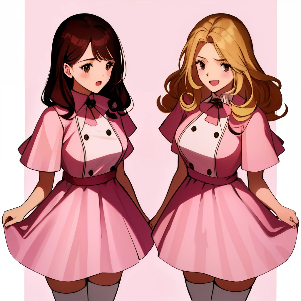 2girls, duo, twins, pink dress, white thighhighs, black high heels, matching outfits, mature woman, brown hair, blonde hair, curly hair, hair down, hazel eyes, white background