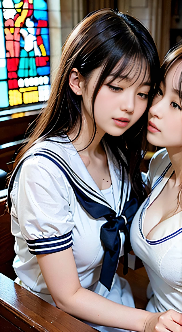 (Two schoolgirls)、Beautiful 18 year old Japan woman, (Two high school girls in short-sleeved white sailor suits:1.5), Japan strict girls' school sailor uniform, (Two schoolgirls sitting in a church pews:1.5), Beautiful and elaborate stained glass on the background, 1screen, in 8K, RAW shot, top quality photo, masterpiece, Amazing realism photos, Anatomically correct proportions, perfectly proportions, Cute woman like an idol in Japan, Detailed face, Detailed eyes, Narrow Nose, Detailed hands and fingers , detailed arms, Detailed skin, Detailed legs, short torso, Slender body, shiny long hair, Big breasts that seem to break through the uniform, Body Fit Sailor Suit、(High school girls staring at each other:1.5)、Schoolgirl with long and short hair、Two amazing-looking women, (Close your eyes and kiss passionately:1.5), (Lips touch:1.5), tightly hugging,lesbian, (Lustful), (Entwining tongues and kissing), ((facial close-up:1.5)), (Angle from chest to top:1.5)
