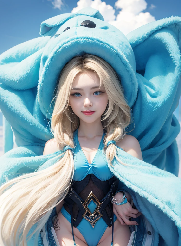 Fluorescent blonde long hair,Nice face,blue bikini,Heterochromatic pupil,ssmile,apathy,比基尼,Full body photo
