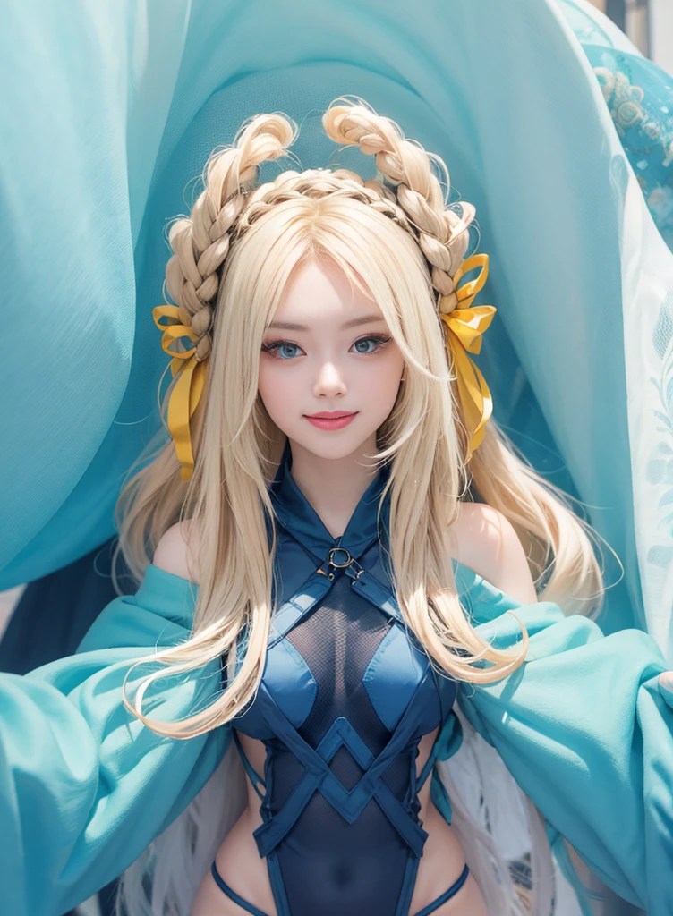 Fluorescent blonde long hair,Nice face,blue bikini,Heterochromatic pupil,ssmile,apathy,比基尼,Full body photo