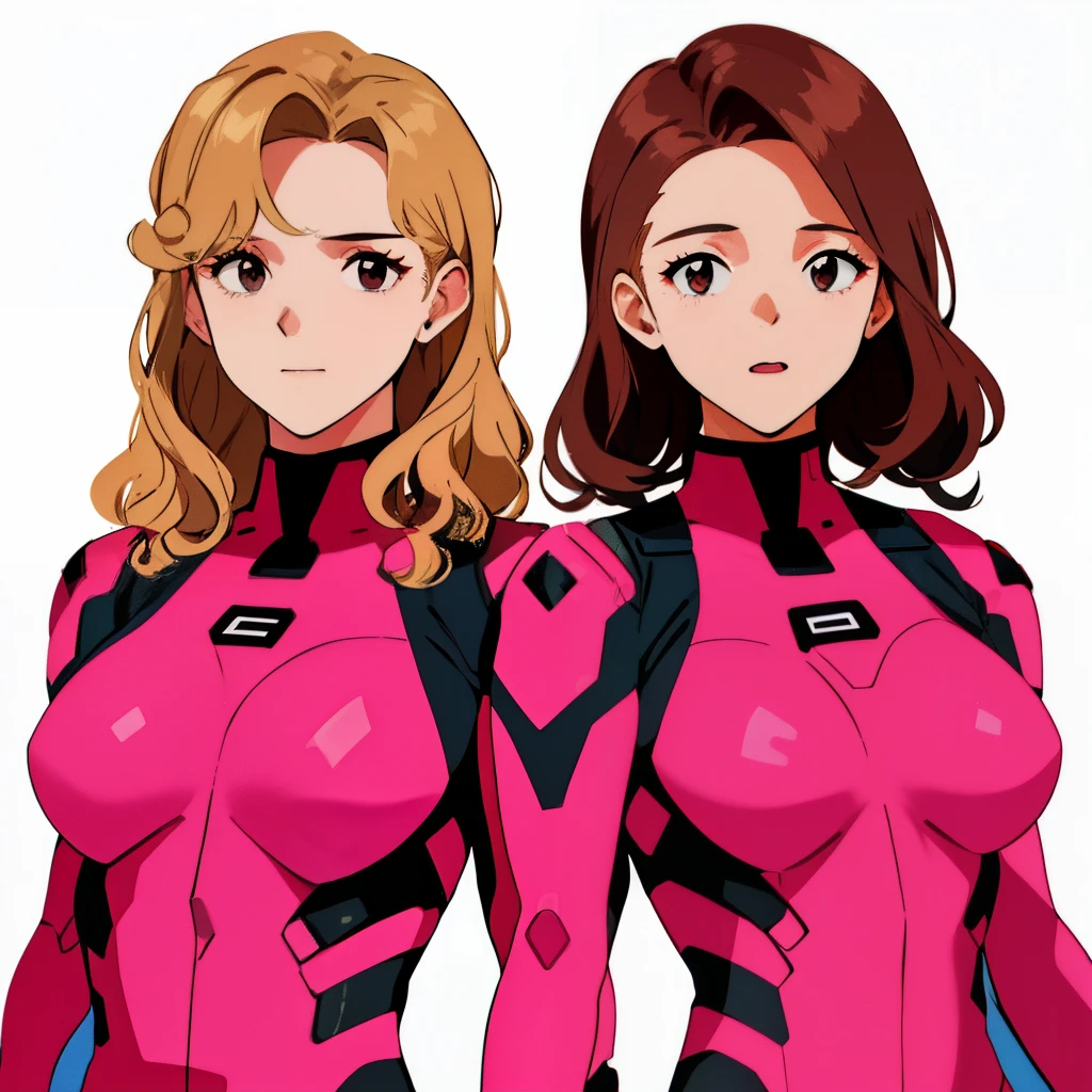 2girls, duo, twins, pink bodysuits, matching outfits, mature woman, brown hair, blonde hair, curly hair, hair down, hazel eyes, white background