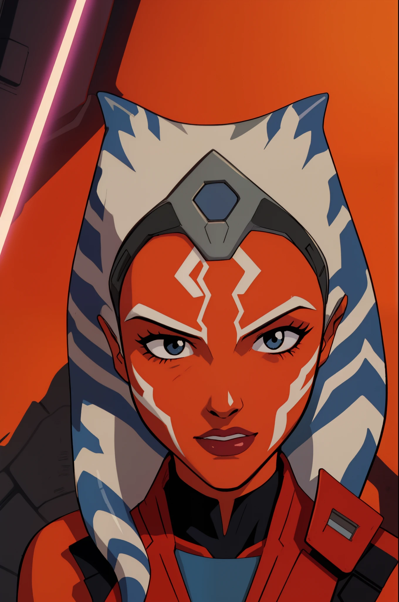 ahsoka_tano, orange skin, facial mark, tattoo with lightsaber  evangelion anime style