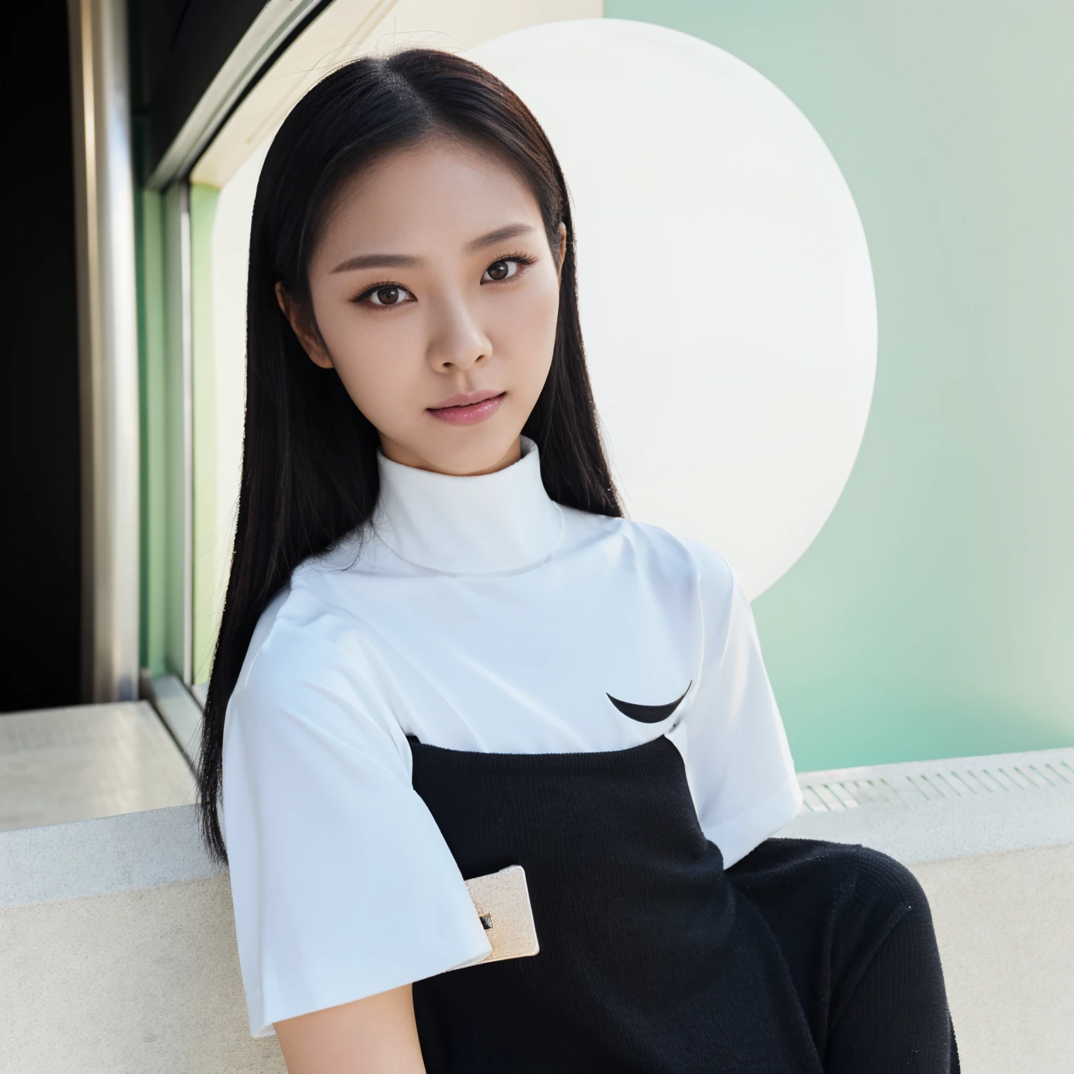 a black and white photo of a woman, sun yunjoo, character album cover, passport photo, slight smile, popular korean makeup, front face asymmetrical, grown up, wearing turtleneck, wet make - up, youthful face